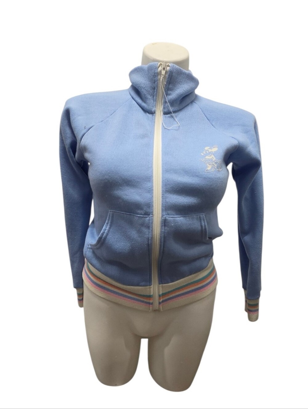 Vintage 80s Disney Casuals Size Small Light Blue Zip-Up Jacket with Rainbow Hem